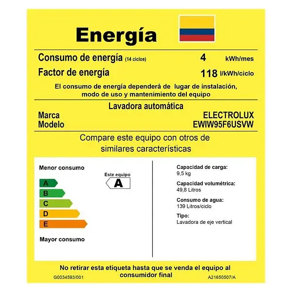 Lavadora Electrolux 9.5 Kg Blanca Imperial